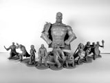 Collection of gray scale figurines on a white background