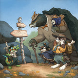 Cartoonish illustration of a bear, owl, and other animals near a signpost with 'The Watering Hole' on a blue sky background.