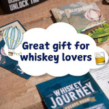 Whiskey-themed books and a glass of whiskey on a wooden surface with text 'Great gift for whiskey lovers'.