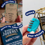 Escape room game cards and a blue combination lock with text overlay.