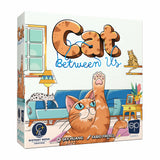Board game box titled 'Cat Between Us' with cartoon cats and a living room setting.