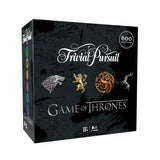 Trivial Pursuit Game of Thrones board game box with logos on a black background