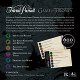 Trivial Pursuit Game of Thrones game board with text and cards on a dark background