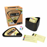 Trivial Pursuit game set with packaging, cards, and dice on a white background