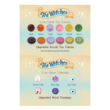 Tea Witches game components packaging with colorful tokens and tappings on a gradient background.