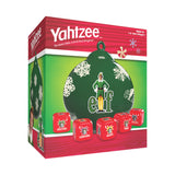 Yahtzee Elf-themed game box with green ornament and red dice on a white background