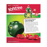 Yahtzee Elf edition packaging with dice and ball on a red and green background
