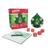 Yahtzee game set with Elf-themed packaging, dice, and scorecard on a white background