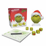 Yahtzee game set with The Grinch-themed dice and packaging on a white background