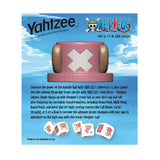 Yahtzee One Piece dice game packaging with Chopper cup design on a blue sky background