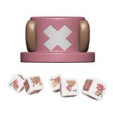 Pink and gold chair with a large white 'X' on a white background, accompanied by five dice featuring cartoon characters.