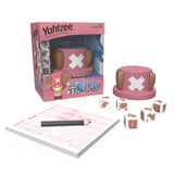 Yahzee game set with One Piece theme packaging, dice, and score sheet on a white background