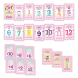 A set of Hello Kitty and Friends themed card games or game components, including number cards from 0 to 12, bonus cards (+4, +6, +8, +10, x2), and action cards (Freeze, Second Chance, Gift Thrower), all decorated with pink borders and cute character illustrations.
