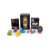 Collection of dice and game boxes on a white background