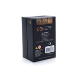 Black box with text and logos on a white background