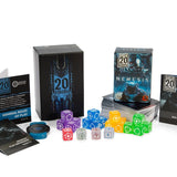 20 Strong Nemesis tabletop gaming set with multiple colored polyhedral dice, rulebook, play cards, and branded boxes on a white background.