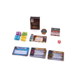 Collection of board game components including cards, dice, and a box on a white background