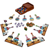 Board game components including colorful bottles, dice, and cards on a white background