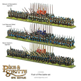 Model battle set of Pike & Shotte Epic Battles with three regiments on a white background.