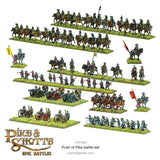 Collection of Pike & Shotte Epic Battles toy soldiers on display with Warlord Games logo.