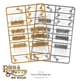 Metal push-pins on trays with 'Pike & Shotte Epic Battles' branding.