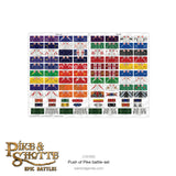 Sheet of flags with various designs on a white background, featuring the Pike & Shotte Epic Battles logo.