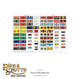 Sheet of flags with various designs, likely for a tabletop game, on a white background with Warlord Games branding.