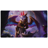 Fantasy creature with colorful wings and horns on a mystical forest background