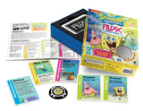 SpongeBob SquarePants Fluxx card game set with its blue storage box, colorful instruction booklet, multiple character cards, and a black token on a white background.