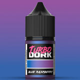 Bottle of Turbo Dork Blue Raspberry paint with a gradient purple to blue background