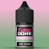 Bottle of Turbo Dork paint with a pink and green gradient background