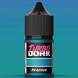 Turbo Dork Peacock paint bottle on a teal background