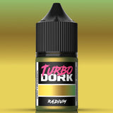 Bottle of Turbo Dork Radium paint with a gradient background
