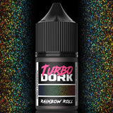 Black bottle of Turbo Dork Rainbow Roll paint on a multicolored glittery background