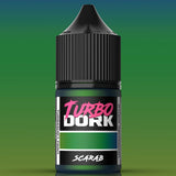 Bottle of Turbo Dork Scarab paint with a green gradient background