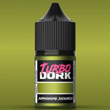 Turbo Dork paint bottle with green body and black cap on a green background