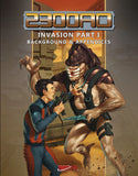 Book cover of '2300AD Invasion Part I Background & Appendices' featuring a futuristic scene with a man and a creature.