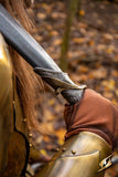 Close-up of a person wearing gold armor and brown gloves with a blurred natural background