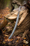 Person in medieval or fantasy attire with a sword on a log in a forest setting