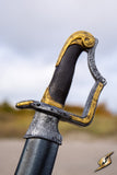 Close-up of a sword with decorative hilt against a blurred natural background