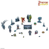 Collection of miniature game pieces with 'Dungeons & Lasers' logo on a white background