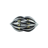 Silver die with gold accents on a white background
