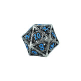 D20 polyhedral dice with metallic silver frame and blue numbers on a white background