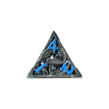 Triangular metal die with blue text on a white background
