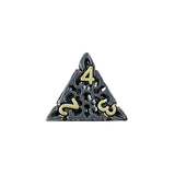 Black triangular die with gold numbers on a white background
