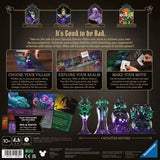 Back of a Disney Villains board game box, showing artwork, character portraits, gameplay text, included components, and a Ravenglider logo on a dark background.