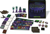 Disney Villainous 'Darkness Brewing' board game set displayed on a white background, showing the main game box, player cards, action tiles, tokens, and decorative pieces.