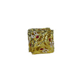 Gold dice with red and white text on a white background
