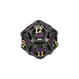 Black metal polyhedral dice with gold and purple numbers on a white background