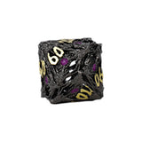 Black dice with gold and purple numbers on a white background